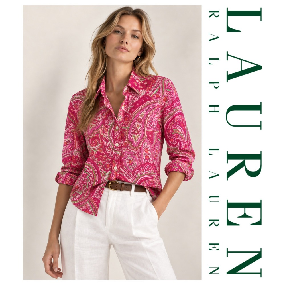 Lauren Ralph Lauren Pink Paisley Button Down 100% Cotton Colorful Shirt Blouse L